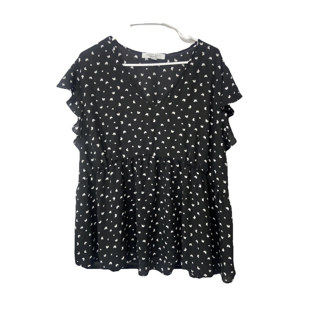 Sweet Rain Butterfly Print Flutter Sleeve Peplum Top‎ Black White 3X